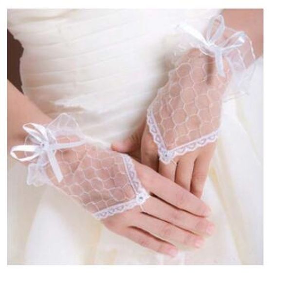 Guanto di pizzo bianco economico dal design semplice per guanti senza dita da sposa con accessori da sposa con fiocco