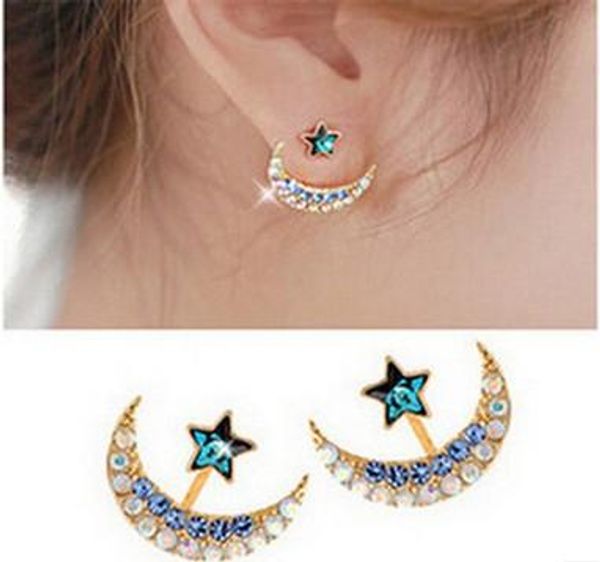 

moon & star cluster earring ear jacket cuff set gold tone stud wraps for girls /ladies, Golden;silver