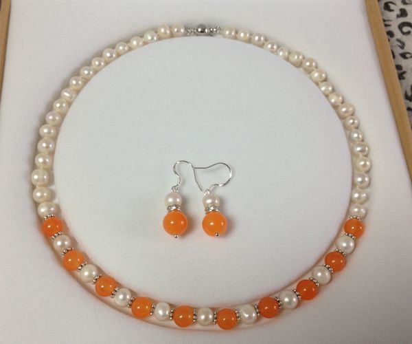 

7-8mm white akoya cultured pearl/orange jade necklace earrings set, Black