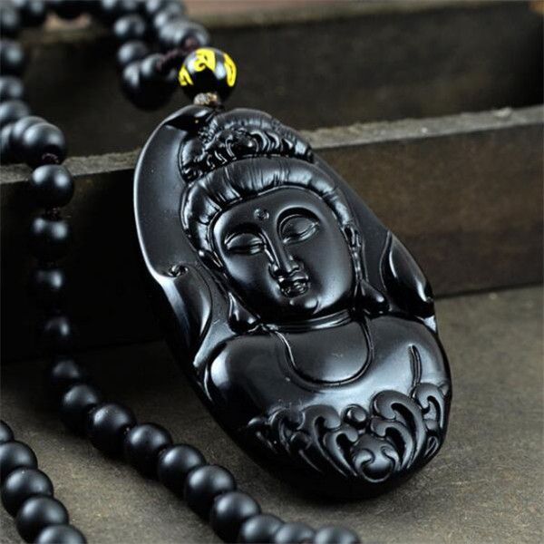 

dj jewelry natural obsidian necklace fashion black avalokitesvara pendant for women men vintage fine jade jewelry ornaments 65*38mm, Silver