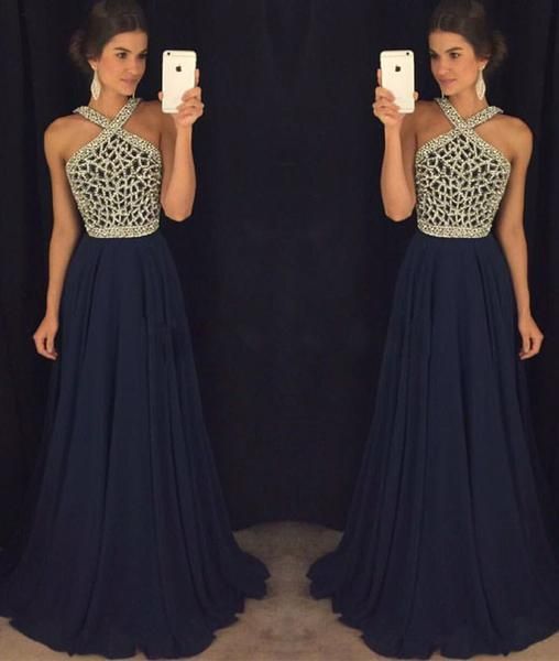 

evening dresses wear halter illusion neck crystal beaded prom dress a line backless long sweep train navy blue formal party gowns, Black;red