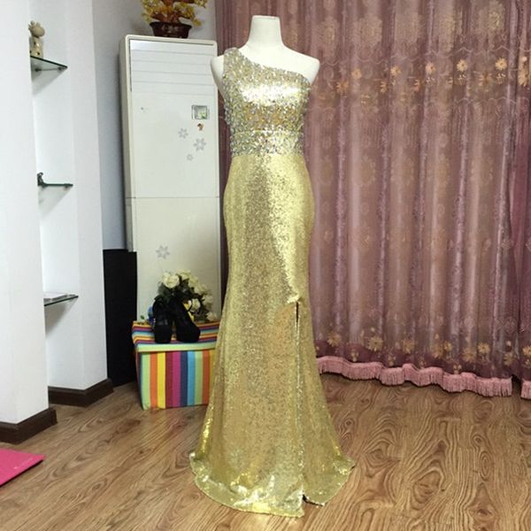 

one shoulder sequens mermaid bridesmaid dress 2018 split evening dress elegant long party dresses fast shipping, White;pink