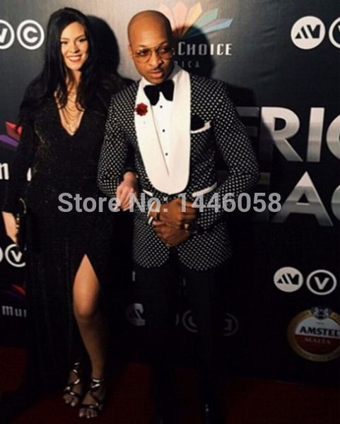 

wholesale- 2017 selling black polka dot men's party prom suits groom tuxedos groomsman men wedding suits (jacket+pants+bow tie, White;black