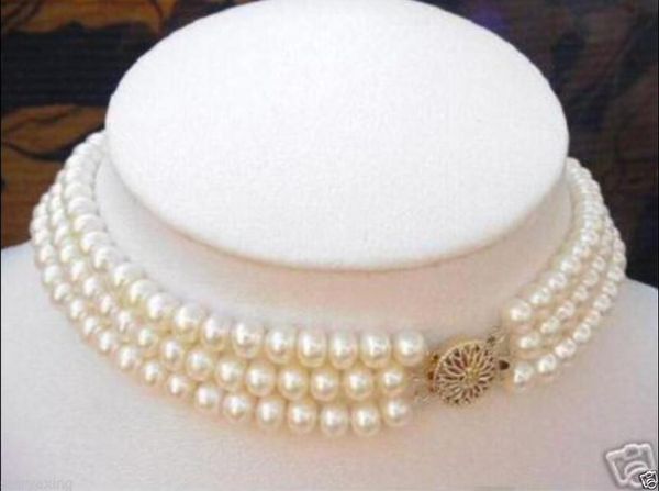 

3 rows 7-8mm white akoya cultured pearl choker necklace, Silver