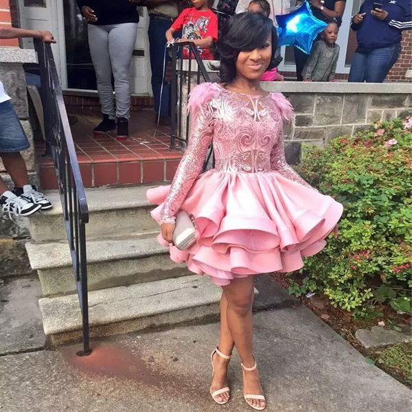 

lovely pink mini prom dress boat necklien long sleeve appliques feather tiered short evening party gowns 2017 stylish special occasion dress, Black