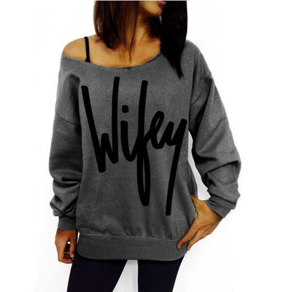 

wholesale- fashion print wifey tee shirt women ladies casual long sleeve crewneck loose camisetas mujer 2016, White