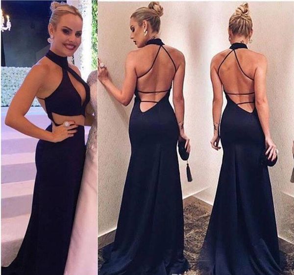 

new halter black backless evening dresses 2017 sheath sleeveless sweep-train custom made prom gowns dresses evening wear