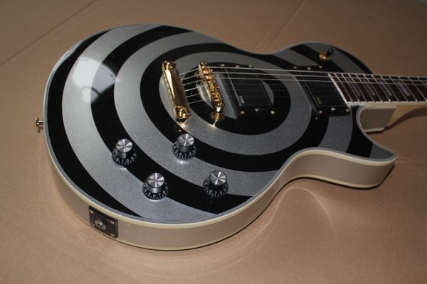 

Custom Shop Zakk Wylde яблочко Silver Black Top гитара Электрический палисандр Накладка Белый Блок Перл инкрустацией EMG Пикапы Gold Hardware