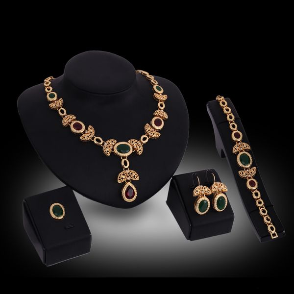 

jewelry set necklace earrings bracelet ring royal luxury women rhinestone 18k gold plated alloy 4-piece set party jewelry wholesale js204, Slivery;golden