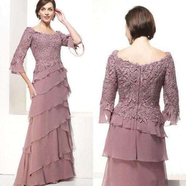 Elegantes 2017 neues blasses Mauve-Spitze- und Chiffon-Kleid für die Brautmutter, günstiges 3/4-langes, gestuftes Kleid für die Mutter und den Bräutigam EN1217