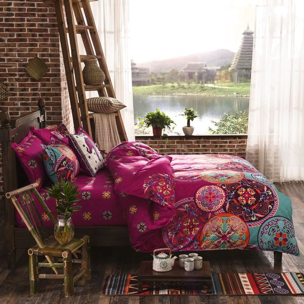 

wholesale- lightweight microfiber duvet cover set, bohemia exotic patterns design, bright pink