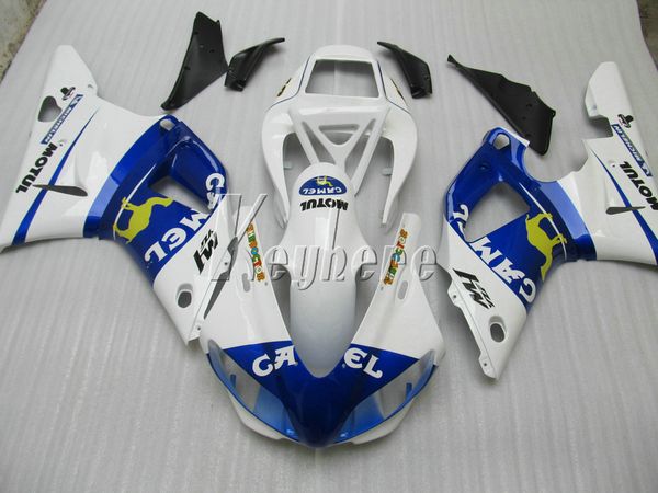 Kostenloses, individuell anpassbares Kunststoff-Verkleidungsset für Yamaha YZF R1 1998 1999, weiß-blaues Verkleidungsset, YZF R1 98 99 IY15