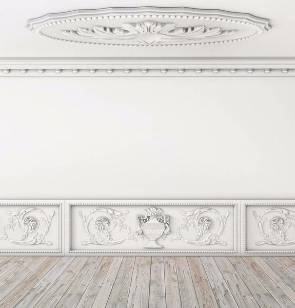 Hochzeit-Foto-Vinylhintergrund für den Innenbereich, weiße Wand, exquisite Schnitzereien, Holzplankenboden-Hintergrund, Fotografie-Tapete, 3 x 3 m