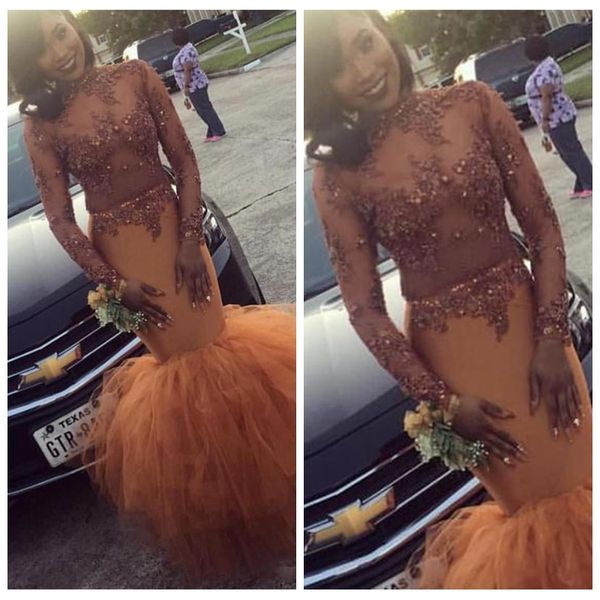 

Black girl prom dre e 2018 high neck mermaid lace applique beaded long leeve formal evening gown party dre