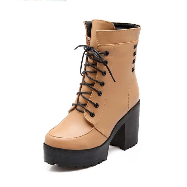 

ankle boots conventional wear-resisting rivets lace-up thick high platform round toe winter women boots 34-43 yards, Black