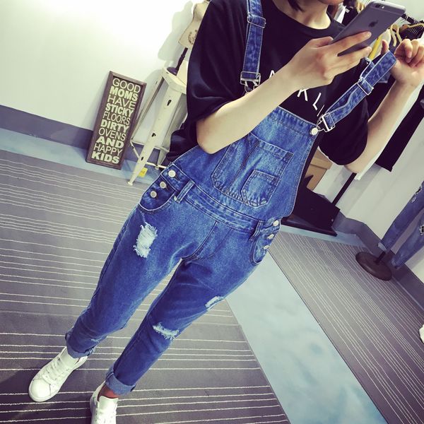 

wholesale- retro women washed white ripped jeans boyfriend loose and self-cultivation denim overalls jeans woman ripped jeans, Blue