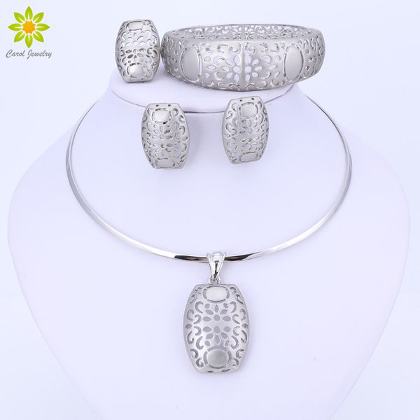 

bridal jewelry sets silver color jewelry set trendy necklace earrings bracelet ring set for women dubai jewelry set, Slivery;golden