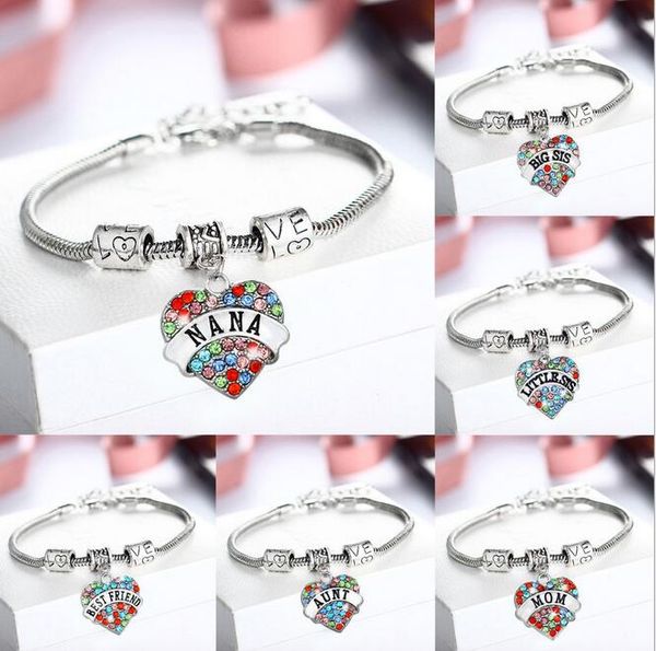 

20pcs/lot family bracelet crystal heart charm bracelets women charm bracelets mixes style bracelets 2017 selling, Golden;silver