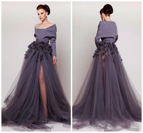 

azzi & osta off shoulder 2017 evening dresses hand made flower long sleeve side split tulle evening gowns fashion sweep train party dress, Black;red