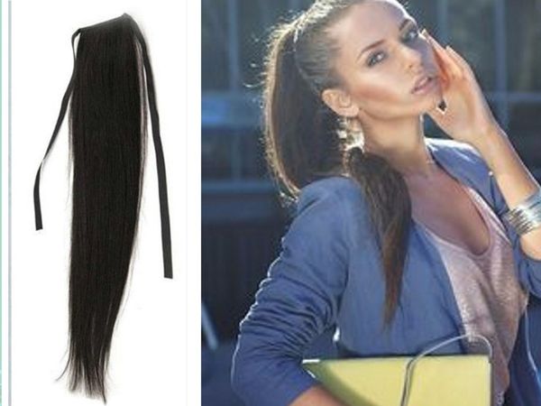 

wholesale human hair straight human hair drawstring ponytail extensions remy hair virgin peruvian ponytails hairstyle 100g 10-22inch, Black