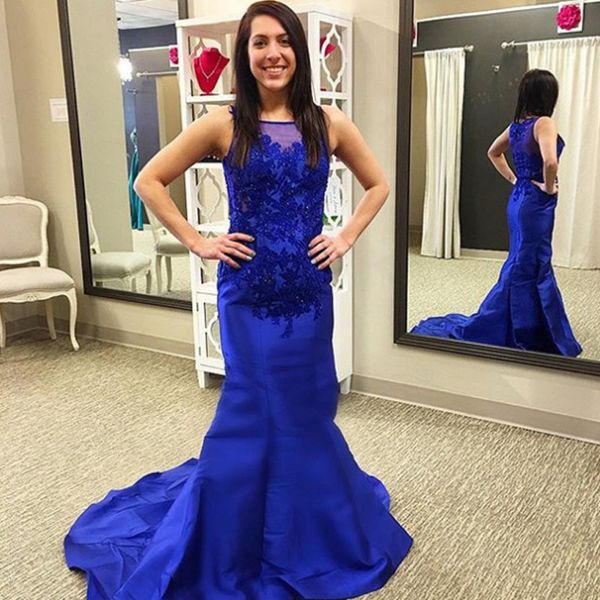 

gorgeous blus mermaid prom dresses long formal evening party gowns sheer bateau neck sleeveless beaded lace appliques gown with train, Black