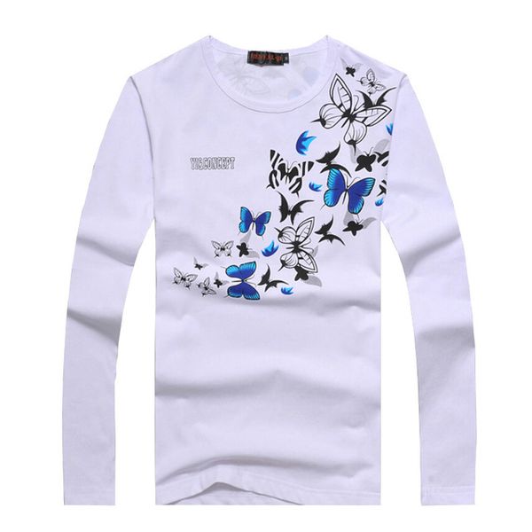 

плюс размер 6xl мужские футболки мода бабочка печати o шеи с длинным рукавом футболки мужчины повседневная тонкий новый стиль мужская топ ти, White;black