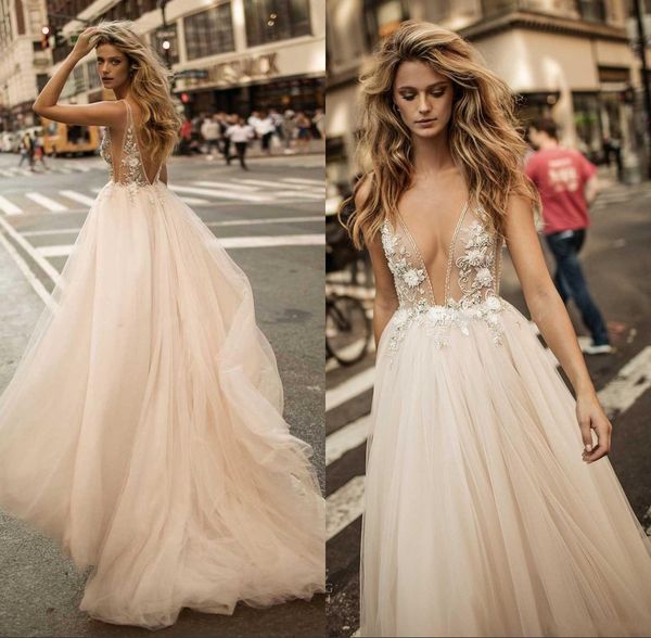 

2019 sheer champagne summer wedding dresses backless deep v-neckline a-line see-through sheer embellished bodice bridal gowns, White