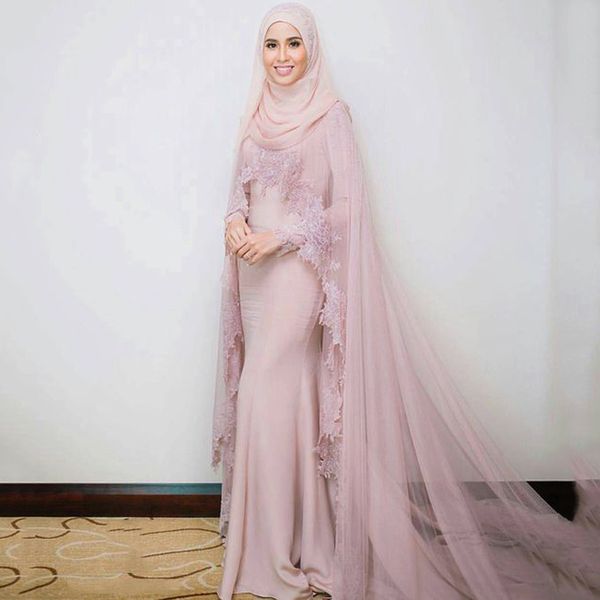 

muslim prom dresses with jacket/wraps dusty pink long sleeves mermaid evening gowns sleeves lace appliques african formal party dress, Black