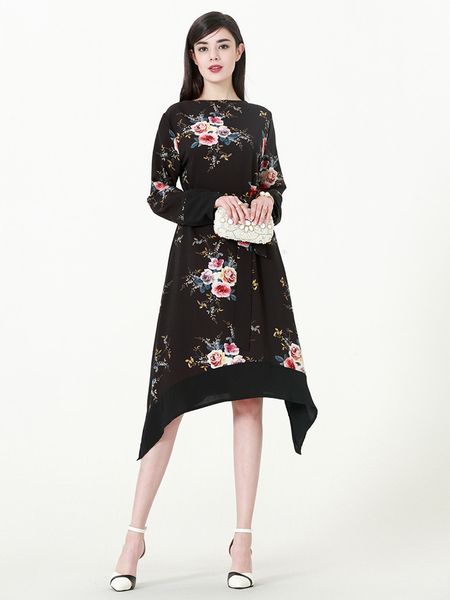 

new plus size women floral print dress muslim women irregular long sleeved with belt dress, White;black