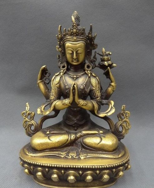 Тибет Бронзовый Буддист Кван-Инь Богиня Лотоса 4 Руки Кван-Инь Статуя Будды
