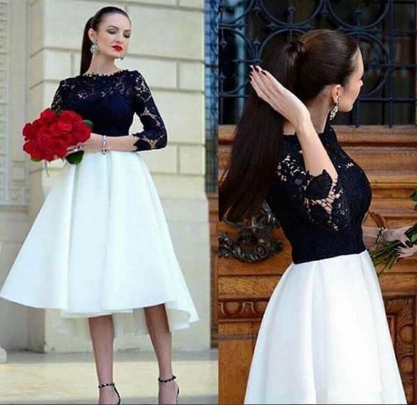 

white and black short prom dresses 2019 new selling jewel neckline a-line 3/4 long sleeve high low lace formal party evening gowns p266