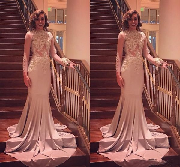 

Appliqued Lace Mermaid Evening Dresses Transparent Long Sleeves High Neck Prom Party Gowns Special Occasion Gowns African Girls Pageant Gown