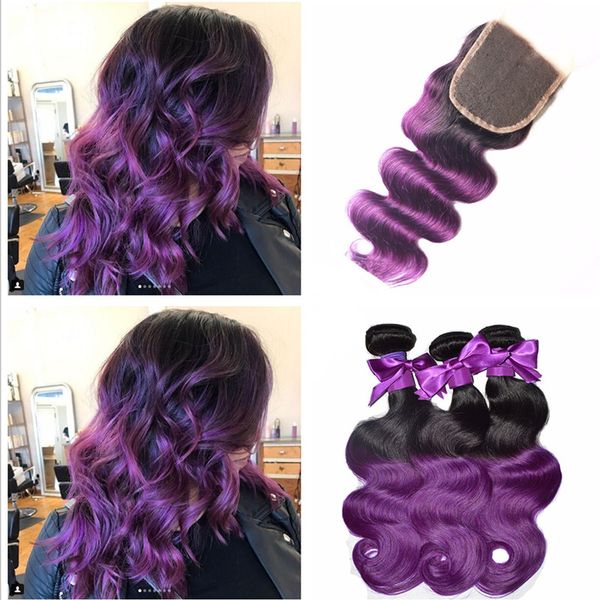 

8a malaysian purple ombre lace closure with bundles two tone #1b purple human hair with closure cosplay purple dark roots bundles, Black;brown
