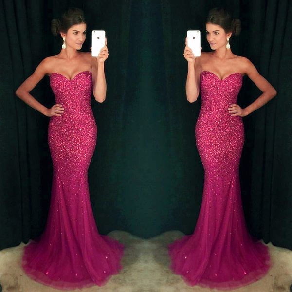 

elegant sweetheart tulle prom dresses 2017 new beading crystal backless mermaid long formal evening gowns, Black