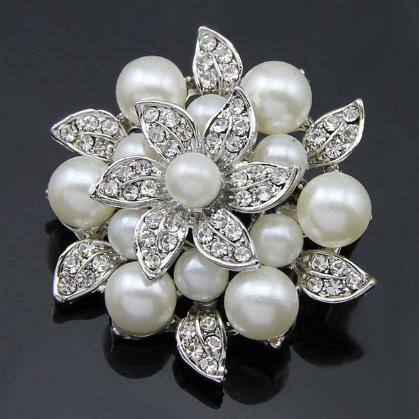 

Большой цветок Rhinestone Crystal Pearl Diamante Серебряная брошь Свадебный свадебный штырь
