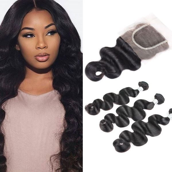 

uglam hair extensions indian human hair wefts with closure 3 bundles body wave with 1pc 4x4 lace closure deal, Black;brown