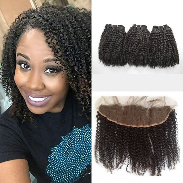 4a 4b 4c Kinky Curly Human Hair Bundles With Lace Frontal Closure