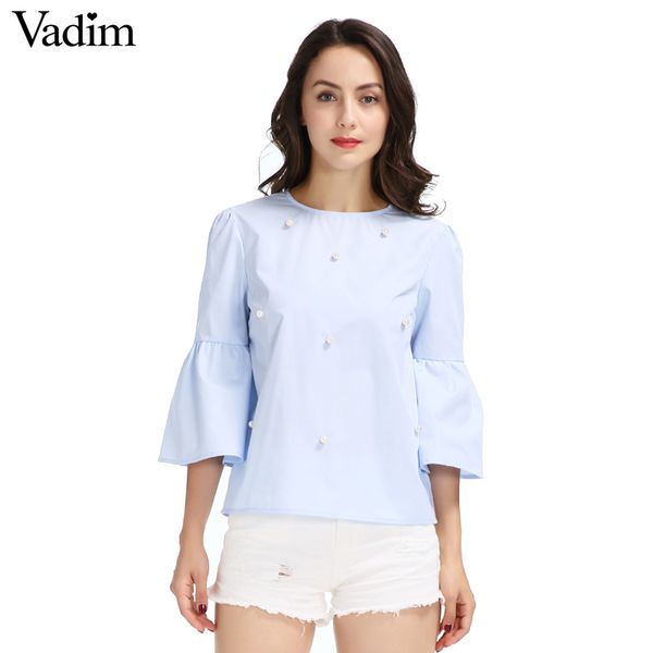 

women elegant pearls beading flare sleeve shirt o neck blouse three quarter sleeve summer brand casual blusas lt1689, White