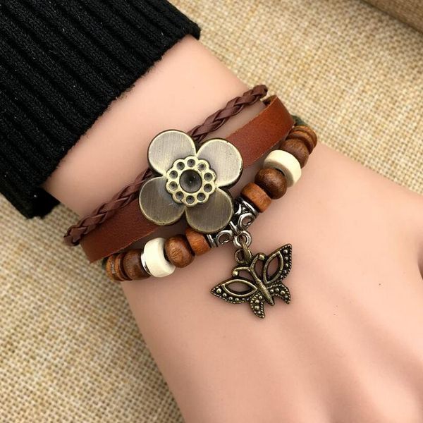 

genuine leather bracelet handmade clover butterfly hollow female women lady retro tribal ethnic jewelry hand multilayer, Golden;silver