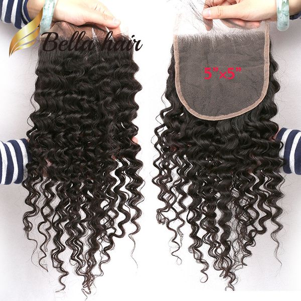 11A Deep CURLY 5X5 pollici Chiusura in pizzo Brasiliano Peruviano Indiano Malese Onda Capelli Umani Può essere tinto