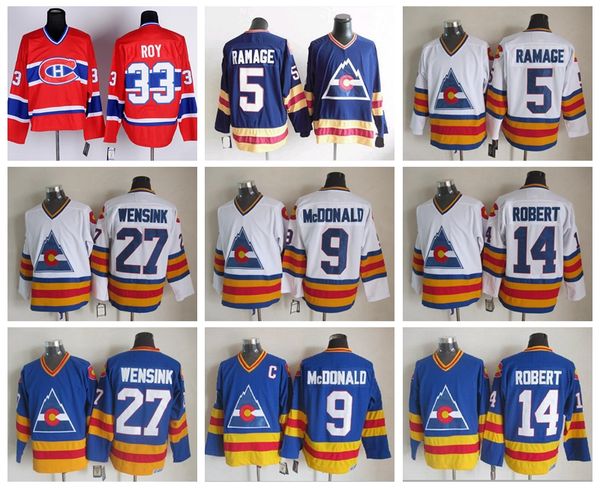 

colorado avalanche 33 patrick roy jersey men hockey 27 john wensink 5 rob ramage 14 rene robert 9 lanny mcdonald vintage ccm, Black;red