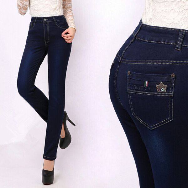 

wholesale- 27-38 size autumn and winter jeans femme slim straight high waist cotton plus size denim jeans womens pants for women jeans, Blue