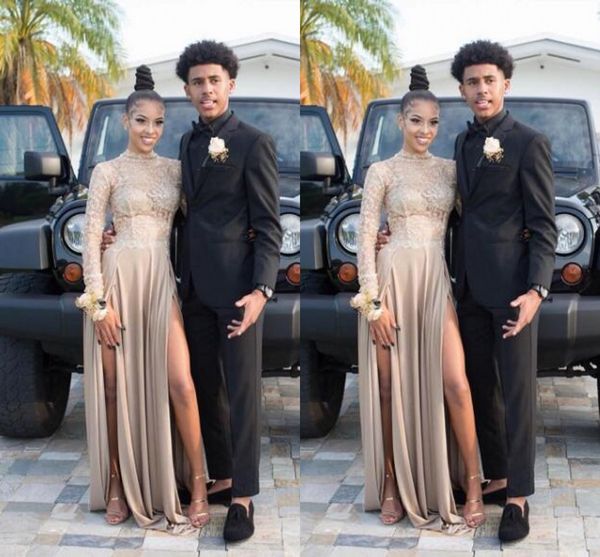 

new high side split prom dresses long 2017 dubai style lace bodice illusion long sleeve sheer jewel neck party evening dresses, Black