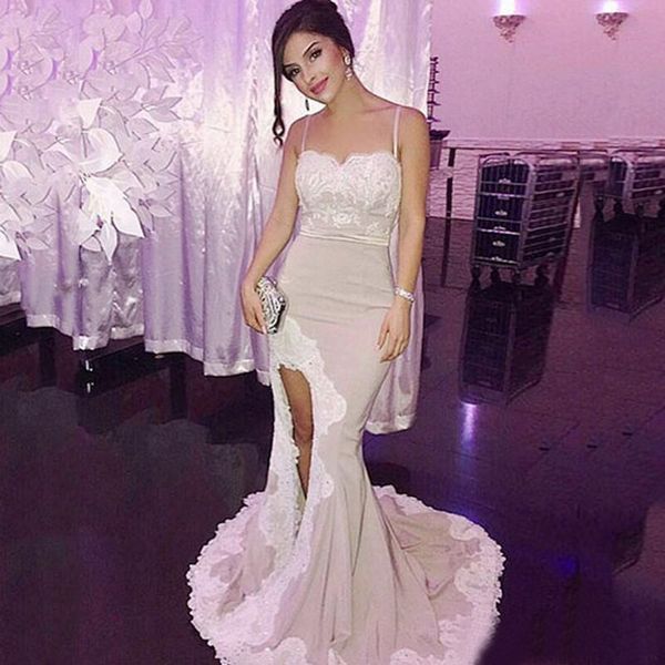 

elegant 2017 dusty pink satin long mermaid dresses evening wear spaghetti ivory lace side split formal evening party prom gown en6237, Black;red