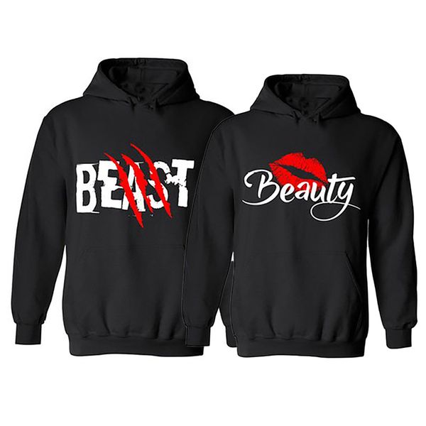

wholesale- 2017 beast and beauty graphic print couple hoodies black hooded lovers sweatshirt autumn sportswear moletons baseball jersey