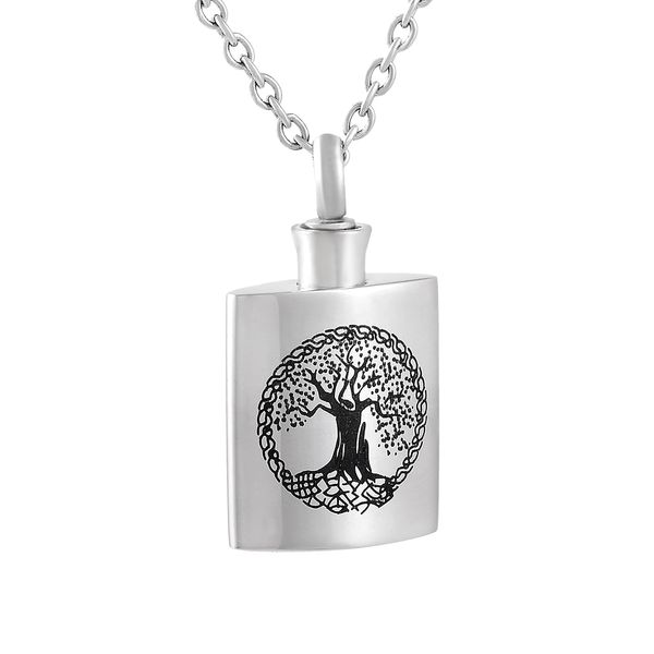 

ijd9804 bottle 316l stainless steel pendant necklace high polish tree of life engraved cremation urn necklace, Silver