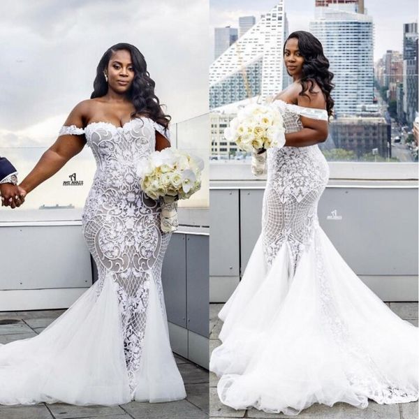 

2020 vintage lace arabic plus size wedding dresses luxurious sweetheart beaded mermaid illusion bridal dresses gowns, White