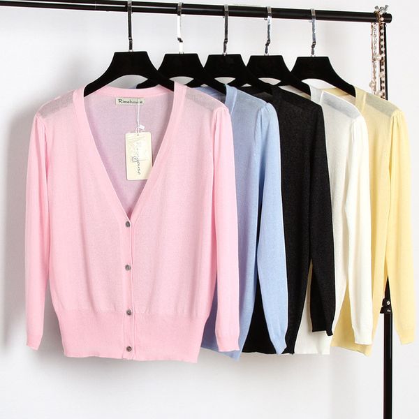 

wholesale-new 2016 three quarter thin knitted summer cardigan sweater v neck brand casual basic women outwear sun protection beachwear 855, White;black