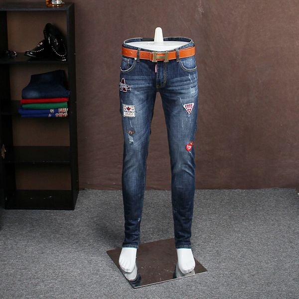 

wholesale- european station autumn and winter section slim type korean jeans male embroidery jeans male slim pants male tide do234, Blue