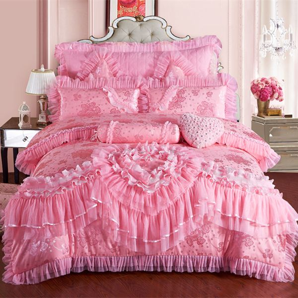

pink lace princess wedding luxury bedding set king  size silk coon stain bed set duvet cover bedspread pillowcase